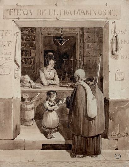 Pierre-Jules JOLLIVET (1794-1871) La fille de l'épicier et le moine pèlerin
Lavis...