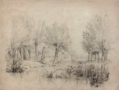 Adolphe APPIAN (1818-1898) Groupe d'arbres près d'une mare
Dessin au crayon noir,...