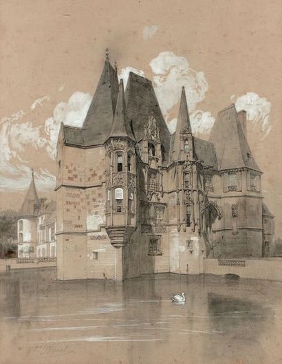 Georges BOUET (1817-1890) Vue du château d'O Crayon noir, rehaut de blanc, signé...