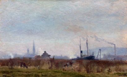 Joseph DELATTRE (1858 - 1912) Rouen le port
Huile sur toile, signée en bas à gauche.
(Restaurations).
38...
