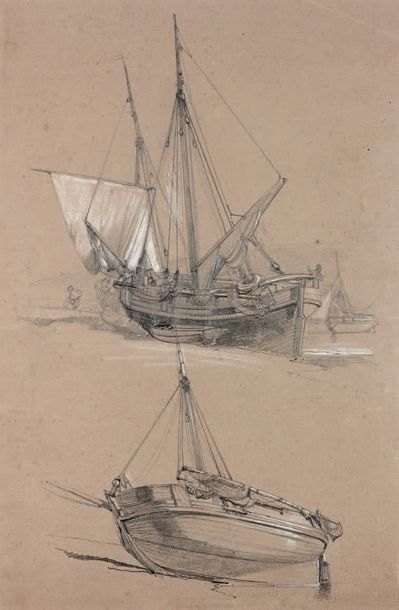 Charles MOZIN (1806-1862) Étude de bateaux
Dessin au crayon noir rehaussé de craie...