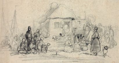 Charles MOZIN (1806-1862) Animation sur un quai en Normandie
Dessin au crayon noir,...