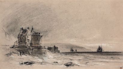 Charles MOZIN (1806-1862) Trouville, la tour Malakoff
Dessin au fusain rehaussé de...