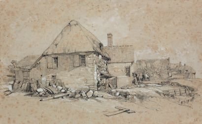 Charles MOZIN (1806-1862) Chaumière
Dessin au crayon noir rehaussé de gouache blanche,...