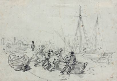 Charles MOZIN (1806-1862) Mise à l'eau d'un canot
Dessin au crayon noir, porte le...