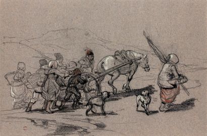 Charles MOZIN (1806-1862) Retour de pêche avec charrette
Dessin au fusain rehaussé...
