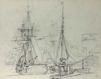 Charles MOZIN (1806-1862) Honfleur le port
Dessin au crayon noir, porte le timbre...