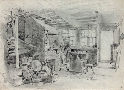 Charles MOZIN (1806-1862) Intérieur de forge, le chaudronnier
Dessin au crayon noir,...
