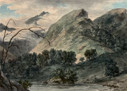 Jacques CHAMPIN (1796-1860) Vallée de Gédre, Hautes Pyrénées, le berger et son troupeau
Aquarelle,...