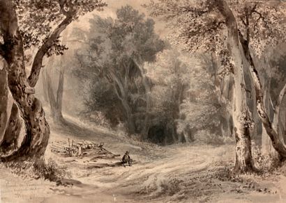 Jacques CHAMPIN (1796-1860) Forêt de Fontainebleau
Lavis d'encre sépia, signé et...