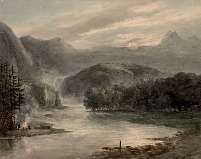 Jacques CHAMPIN (1796-1860) Le campement en bord de rivière
Aquarelle, signée en...