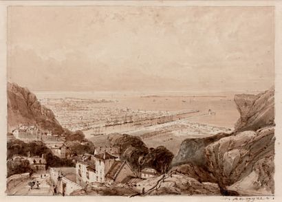 Adolphe ROUARGUE (1810 - vers 1870) Cherbourg, vue du Fort du Roule
Lavis d'encre,...