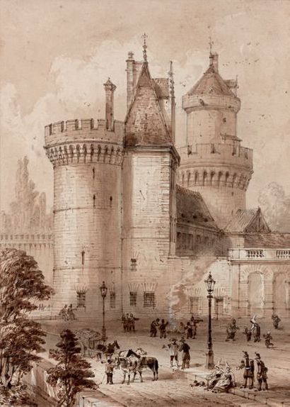 Adolphe ROUARGUE (1810 - vers 1870) Le château des Ducs à Alençon
Lavis d'encre rehaussé...