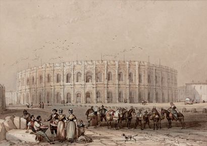 Adolphe ROUARGUE (1810 - vers 1870) Nîmes, les arènes
Lavis d'encre de couleurs rehaussé...