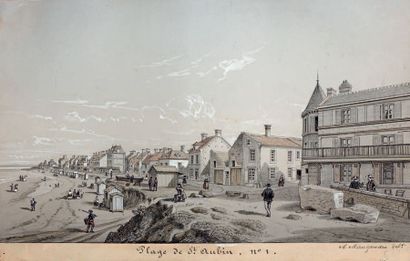 Adolphe MAUGENDRE (1809-1895) La plage de Saint-Aubin, n°1
Technique mixte sur papier,...