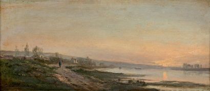 Jules ROZIER (1821-1882) Promeneur solitaire au soleil couchant
Huile sur panneau,...