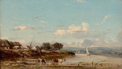 Camille FLERS (1802 - 1868) Le marais Vernier, vaches s'abreuvant, 1849
Huile sur...