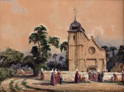Théodore FRERE (1814-1888) Haute-Normandie, devant l'église
Gouache, signée en bas...