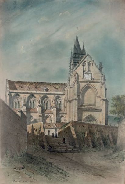 Félix THORIGNY (1824-1870) Église normande
Technique mixte sur papier, signée en...
