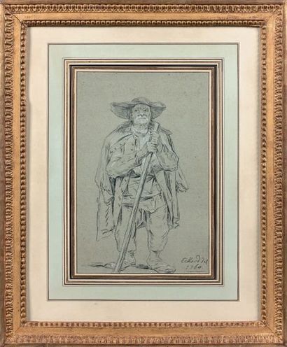 Charles ESCHARD (1748-1783) 
Personnage s'appuyant sur un bâton
Pierre noire et rehauts...