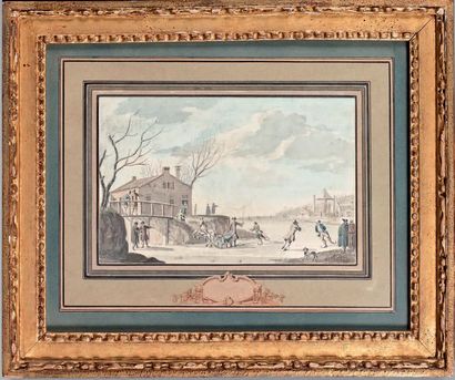 École HOLLANDAISE du XVIIIe siècle 
Paysage d'hiver
Scène de patinage
Deux aquarelles,...