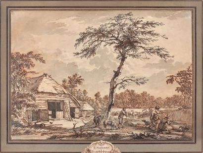 Wybrand HENDRIKS (1744-1831) 
Les moissons
Plume, lavis brun.
28,2 x 39,6 cm