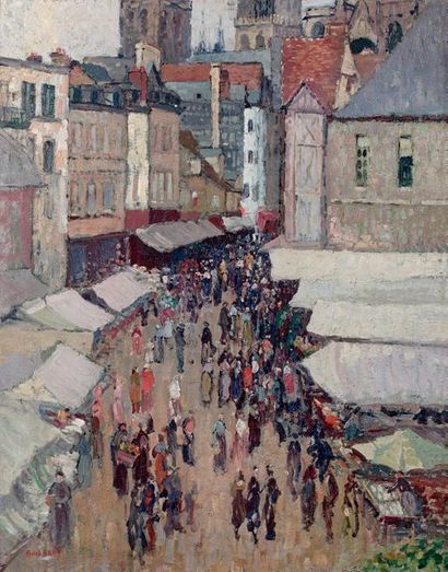 Narcisse GUILBERT (1878-1942) 
Rouen, rue de l'Épicerie
Huile sur toile, signée en...