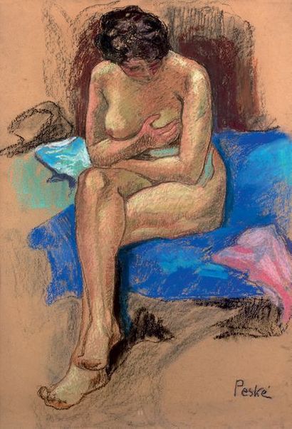 Jean PESKÉ (1870-1949) 
Nu assis au drap bleu
Pastel, signé en bas à droite.
97 x...