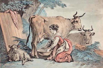 École FRANÇAISE du XVIIIe siècle 
La laitière
Gravure aquarellée.