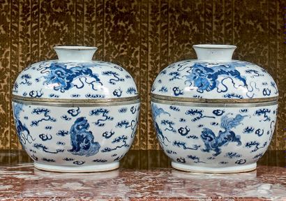 CHINE Paire de grands pots à gingembre en porcelaine décorés en camaïeu bleu. Montures...