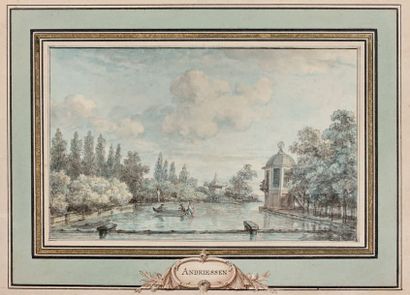 Jurriaan ANDRIESSEN (1742-1819) 
Barque sur une pièce d'eau
Aquarelle.
12,1 x 19,5...