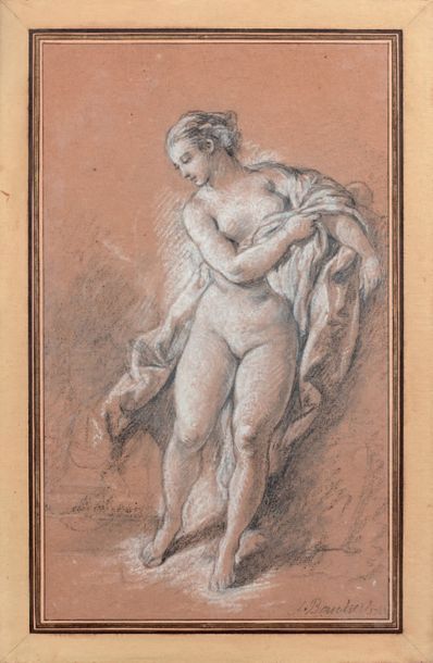 Francois Boucher (1703-1770) 
Femme nue debout
Pierre noire, rehauts de blanc sur...
