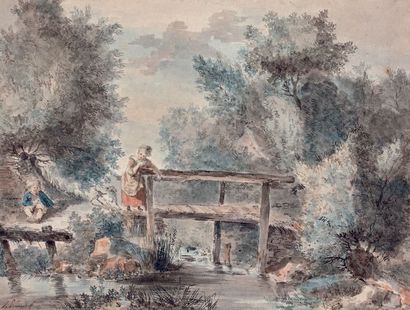 Jean-Baptiste LEPRINCE (1734-1781) 
Deux enfants et un chien devant un ruisseau traversé...