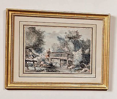 Jean-Baptiste LEPRINCE (1734-1781) 
Deux enfants et un chien devant un ruisseau traversé...