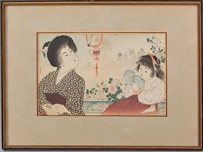YAMAMOTO Shoun (1870-1965) 
Oban yoko-e, jeune femme regardant un perroquet, avec...