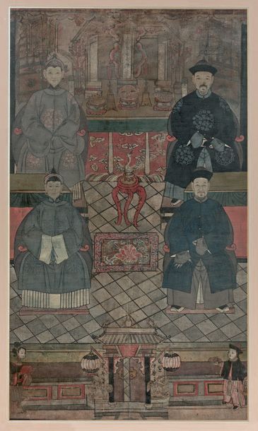 CHINE - XIXe siècle 
Encre et couleurs sur papier, portraits d'ancêtres assis devant...