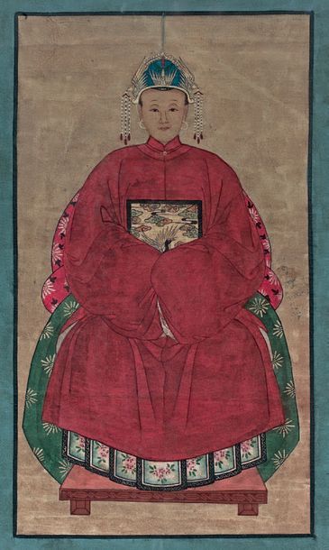 CHINE - XIXe siècle 
Deux portraits d'ancêtres, mandarin et sa femme assis sur des...