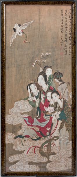 CHINE - Vers 1900 
Encre polychrome sur soie, Xiwangmu accompagnée de servantes,...