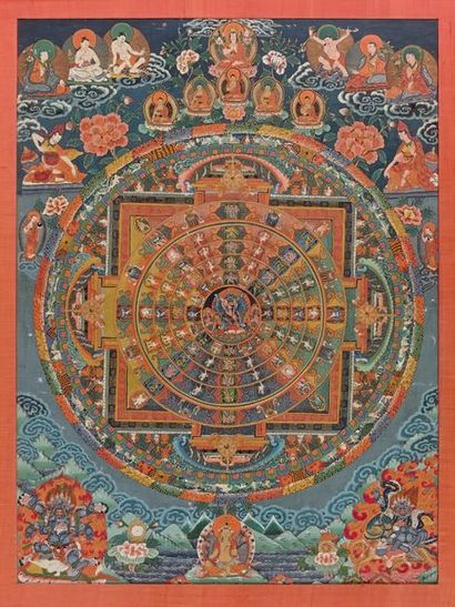 TIBET - début du XXe siècle 
Mandala, détrempe sur toile, forme tantrique de Paramasukha-...