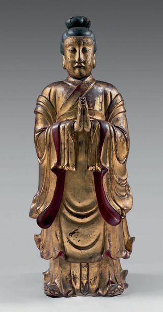 CHINE - XVIIIe/XIXe siècle 
Grande statue de Guanyin debout en papier mâché laqué...