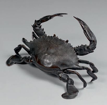 JAPON - Epoque MEIJI (1868-1912) 
Crabe en bronze à patine brune grandeur nature.
Longueur:...