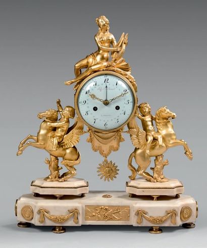 null Large gilded bronze and white marble clock decorated with two putti straddling...