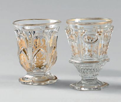 null Two goblet glasses with molded crystal sides decorated with golden scrolls.
Bohemia,...