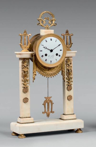 null Portico clock in white marble decorated with lyres, palmettes and draped in...