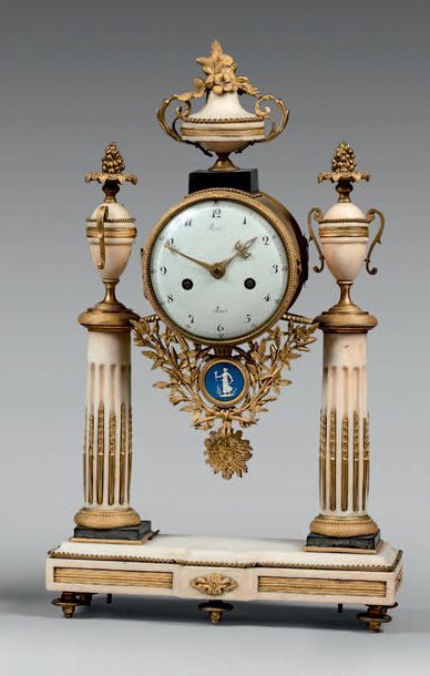 null Portico clock in white marble, black marble, gilded bronze and Wedgwood plate,...