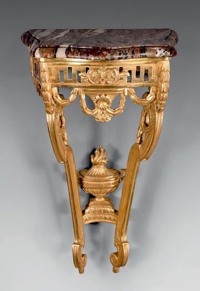 null Gilded wooden wall console with openwork belt carved with Greek carvings and...