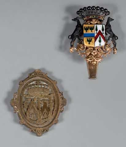 null A gold and silver chateau clasp decorated with double enamel coats of arms under...