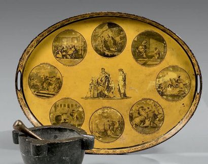 null Oval plate in sheet metal decorated with medallions and friezes of vine in grey...