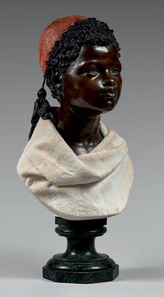 Raimondo PEREDA (1840-1915) 
Young Nubian bust topped with a fez in patinated bronze,...