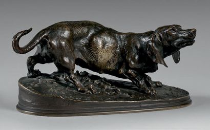 Pierre Jules MENE (1810-1879) 
Chien basset sur une base au naturel.
Statuette en...